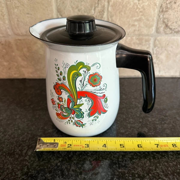 Vtg Berggren Swedish Floral Enamel Coffee Tea Pot Folk Art Design Enamelware