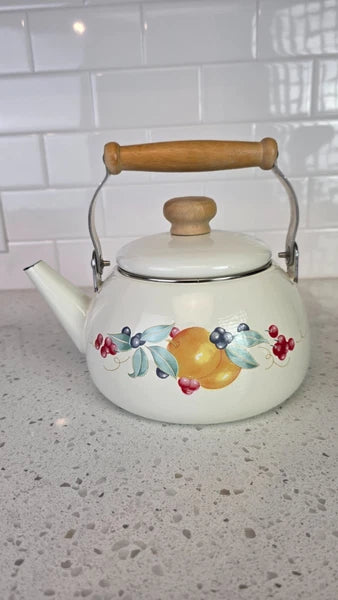 Vintage Lincoware Enamel Teapot Cream Fruit Motif Wood Handle Kettle