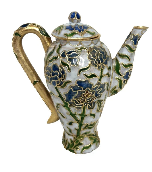 Vtg Cloisonne teapot w/lid blue tone floral design enamel inside 5"
