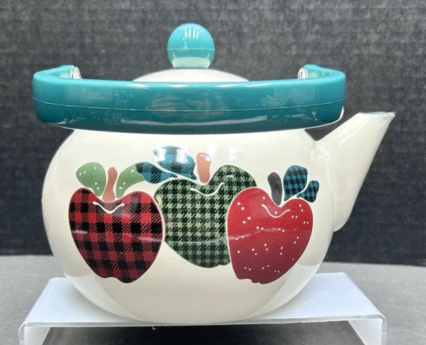 Vintage Apple Themed Enamel Metal Teapot Kettle, Farmhouse, Kitchen, Granny Core