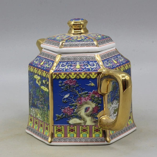 6.5" Chinese Qing Colour Enamels Porcelain Gild Crane Flower Six Sides Teapot