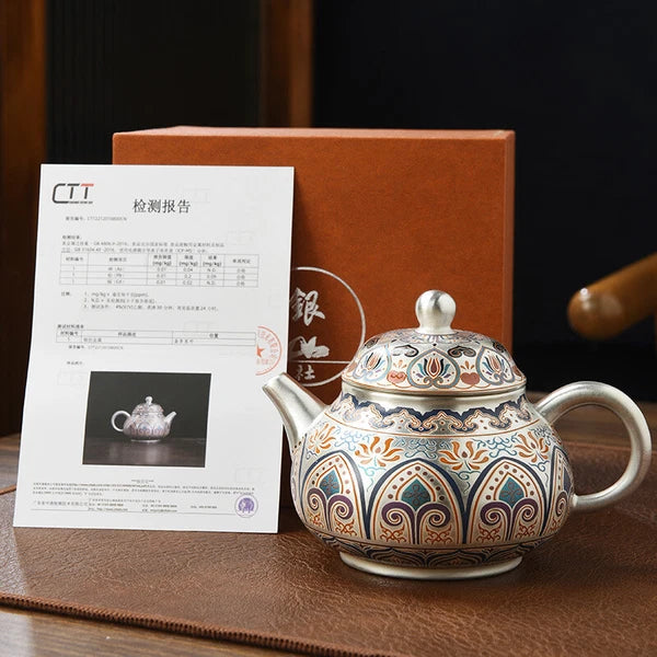 999 Silver Enamel Color Fengming Pot Ceramic Silver Teapot Kung Fu Tea Set Cups
