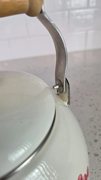 Vintage Lincoware Enamel Teapot Cream Fruit Motif Wood Handle Kettle
