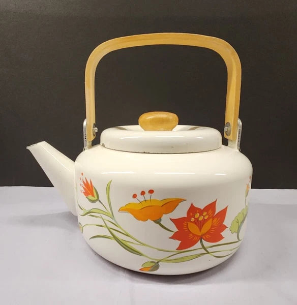 Vintage Saltera Himark Enamel RARE Teapot MCM  Red Orange Floral Wooden Handle