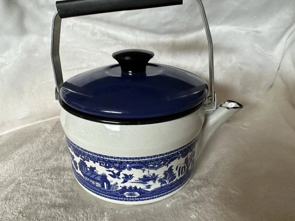 Vintage Enamel Tea Kettle White With Blue Scene