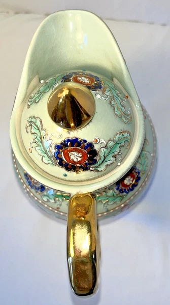 Tall Porcelain Carafe Chocolate Pot Pitcher & Lid Enamel Gold Accents Victorian