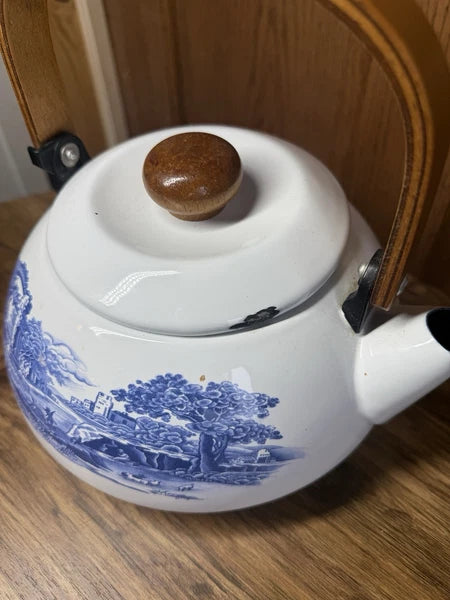 Staffordshire Tea Pot Kettle Enamelware Blue And White Castle Cows Wood Handle