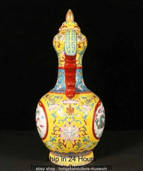 11.6" Qianlong Marked Enamel Porcelain Dragon Phoenix Beast Head Wine Tea Pot