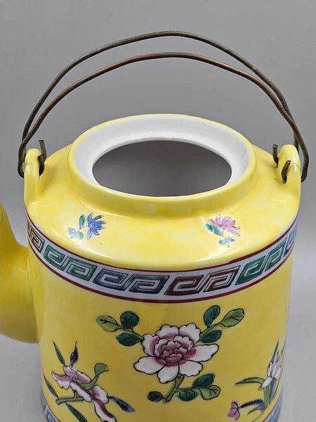 Vintage Asian Inspired Teapot with Flat Lid & Wire Handles Floral On Yellow