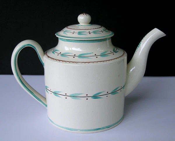 Rare Antique Staffordshire Creamware Teapot with Teal & Brown Enamel Decoration