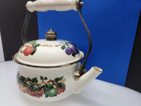 Tabletops Unlimited Vitroceramic Tea Pot With Lid Enamel Fruit Pattern