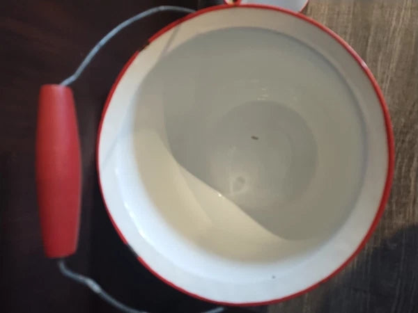 Vintage  Enamelware White w/ Red Trim Large   Pot Handle And Coffee Tea Pot