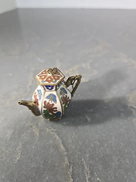 Vintage Cloisonné Brass & Enamel Miniature Lidded Tea Pot