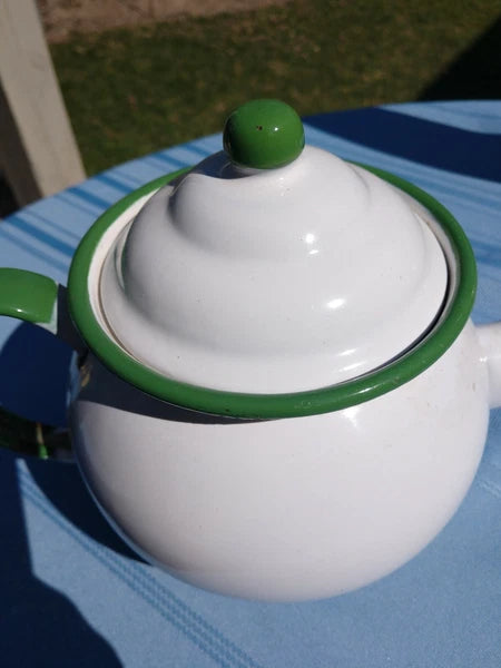 Retro Enamel Teapot With Green Trim