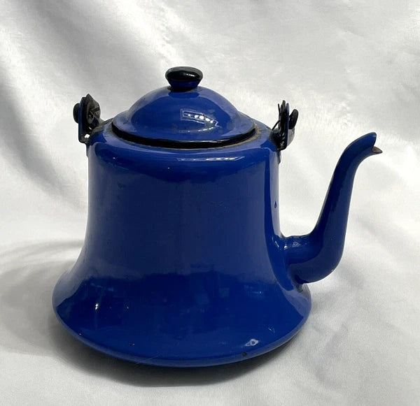 VINTAGE MID CENTURY BLUE ENAMEL TEA POT KETTLE COFFEE FARMHOUSE JAPAN