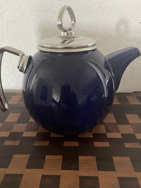 Vintage Chantal Dark Blue Tea Kettle Enamel On Steel With Stainless Accents 2QT