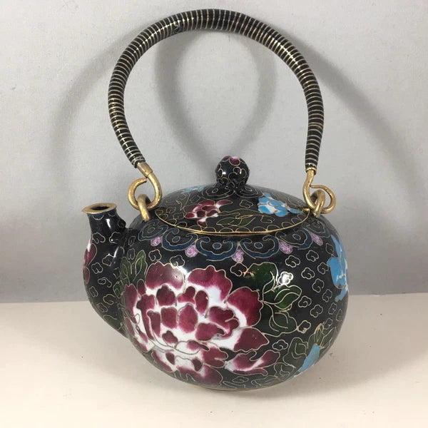 Vintage Chinese Cloisonne Teapot Black Tea Pot Bronze Brass Copper Floral Enamel