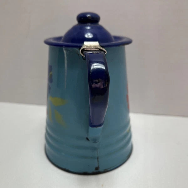 Vintage Enamel Toleware Metal Teapot w Lid Robin Egg Blue with Floral Design 6"