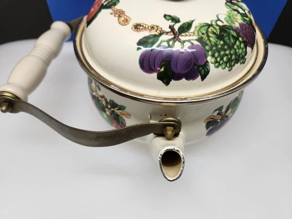Tabletops Unlimited Vitroceramic Tea Pot With Lid Enamel Fruit Pattern