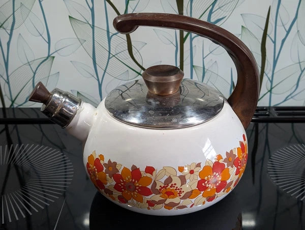 Vintage Bumper Harvest Enamelware Teapot Whistling Kettle Tea Pot Has Rust Spots