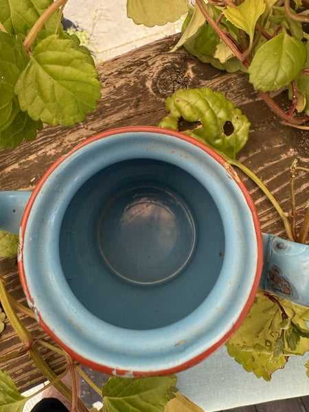French Vintage Enamelware Tea Pot/Raised Enamelware Floral Painting/Miniature