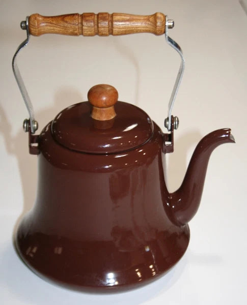 Vintage Enamel Metal Tea Pot with Wooden Handles Chocolate Brown