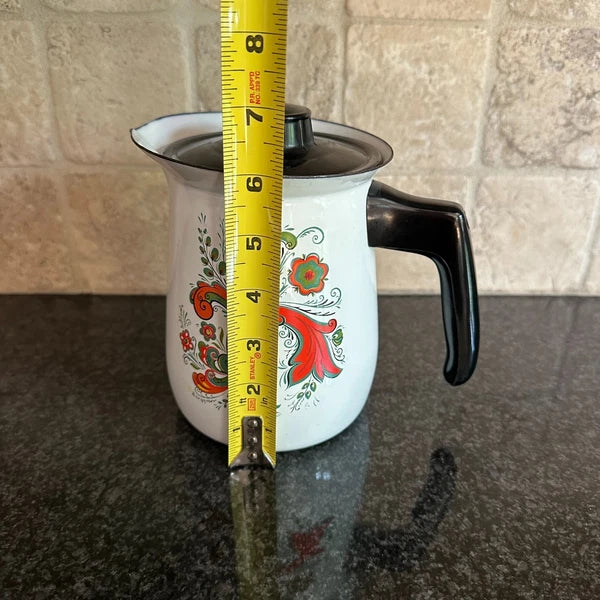Vtg Berggren Swedish Floral Enamel Coffee Tea Pot Folk Art Design Enamelware