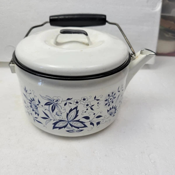 Vintage Blue Onion Danube Style Enamel Teapot Metal Bail Wood Handle