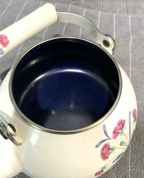 VINTAGE LENOX POPPIES ON BLUE METAL ENAMEL TEA POT KETTLE 8 CUP USA  EX COND.