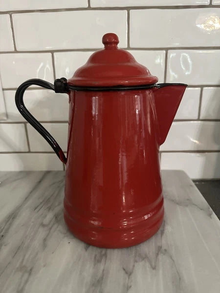 Red Enamel Teapot Metal Enamelware Farmhouse Country Vintage French