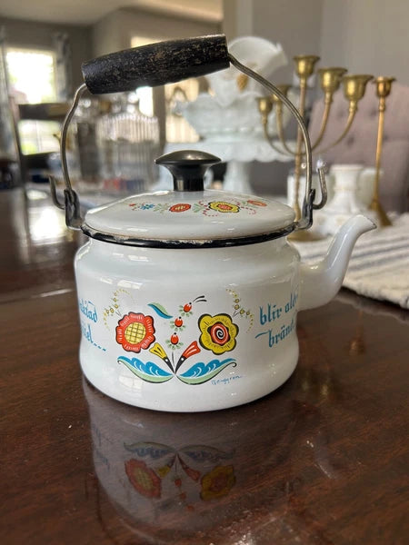 Vintage Berggren Enamelware Teapot Tea Kettle Pennsylvania Dutch Folk Art Decor