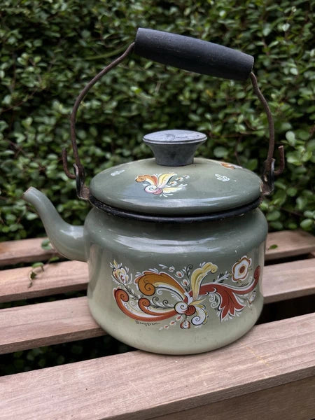 VTG Berggren Enamelware Kettle Teapot Scandinavian Rosemaling Folk Art Green
