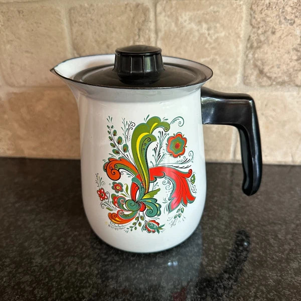 Vtg Berggren Swedish Floral Enamel Coffee Tea Pot Folk Art Design Enamelware