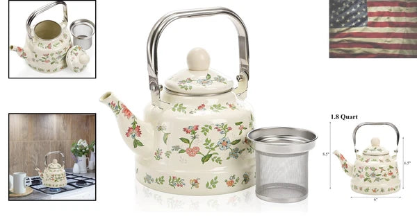 Vintage Floral Tea Kettle - 1.8 Quart Enamel Teapot with Removable Infuser