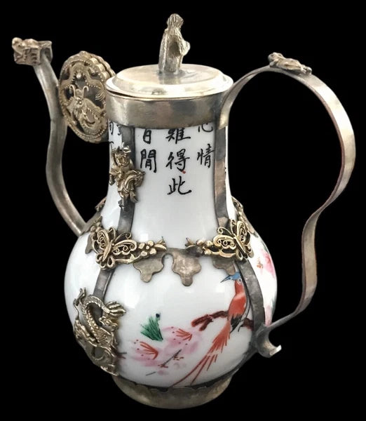 VTG Signed Miniature Chinese Porcelain~Cloisonné Enamel Tea Pot~Mix Metal~Dragon