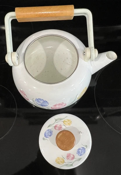 VTG 80s Tea Kettle Floral Porcelain Enamel on Steel Tableworks Unlimited Pastel