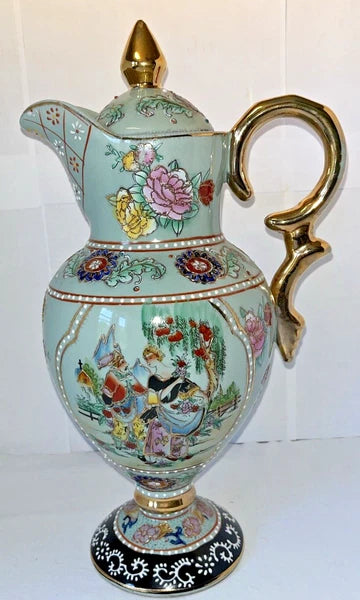Tall Porcelain Carafe Chocolate Pot Pitcher & Lid Enamel Gold Accents Victorian