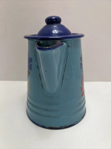 Vintage Enamel Toleware Metal Teapot w Lid Robin Egg Blue with Floral Design 6"