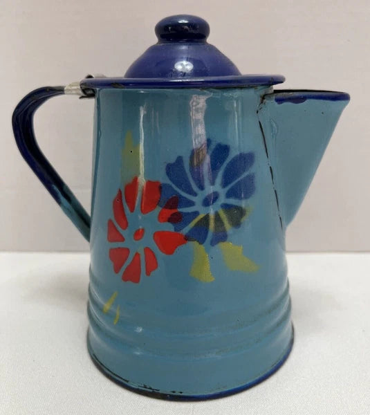 Vintage Enamel Toleware Metal Teapot w Lid Robin Egg Blue with Floral Design 6"