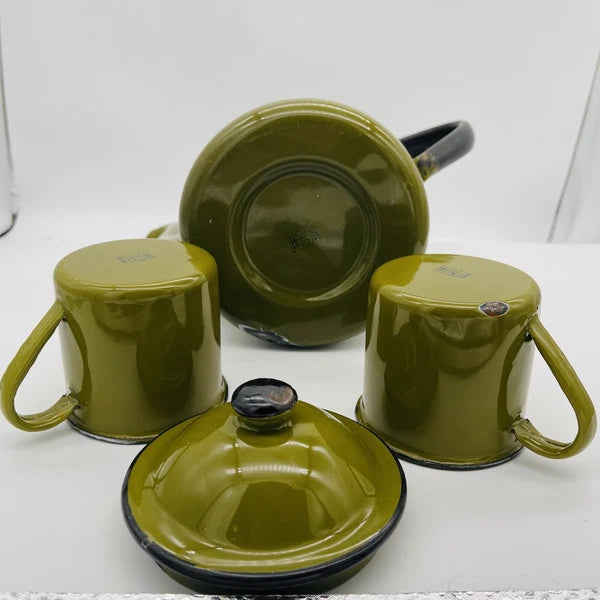OTTO Japan Enamel Black Trim Tea Kettle Coffee Pot Decanter Green w/Lid & 2 Mugs