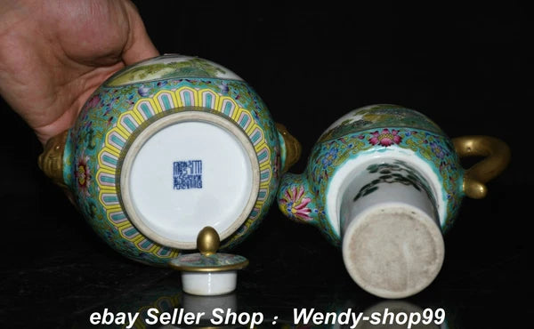8.6" Qianlong Enamel Color Porcelain Gilt landscape Gourd Wine Pot Teapot