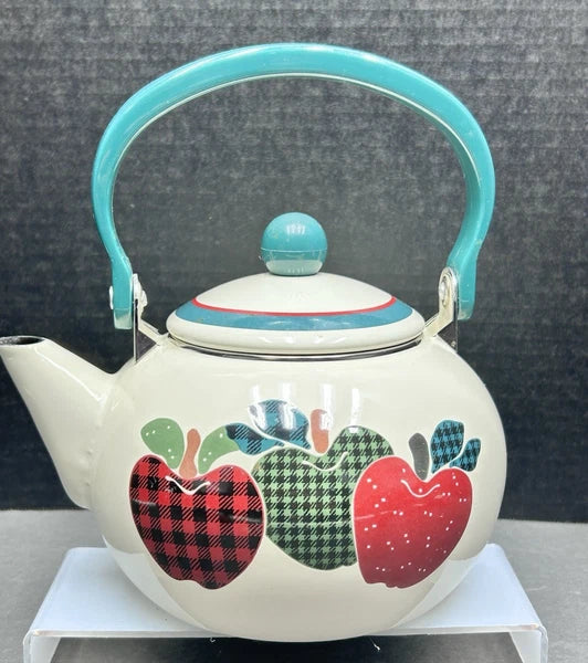 Vintage Apple Themed Enamel Metal Teapot Kettle, Farmhouse, Kitchen, Granny Core