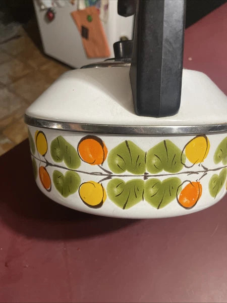 Vintage Enamel Tea Pot Kettle Whistles Lemon Orange Leaves Austria Email MCM