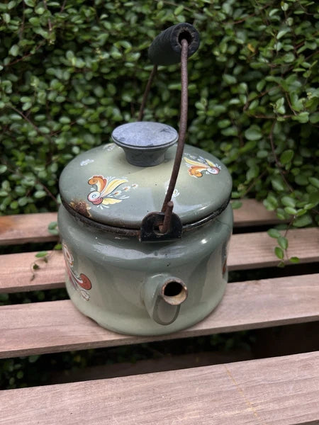 VTG Berggren Enamelware Kettle Teapot Scandinavian Rosemaling Folk Art Green