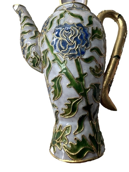 Vtg Cloisonne teapot w/lid blue tone floral design enamel inside 5"