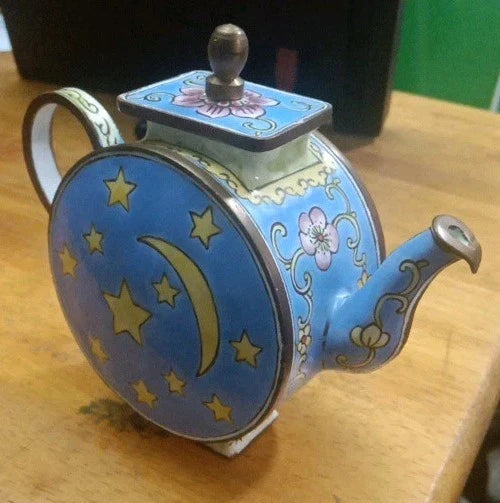 miniature cloisonne Copper Enamel teapot  Moon and Stars 3 1/2" H