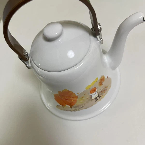 Kettle Showa Retro Bell White Enamel Coffee Tea Pot Cottage Style Used