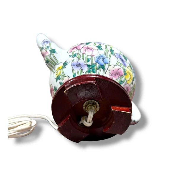Teapot Table Lamp Floral Enamel Ceramic Wood Base Electric Vintage  8.25 X 8.75"