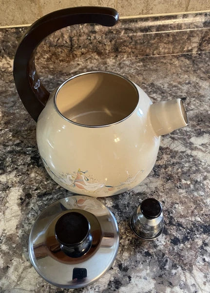 Vtg 80s International Marmalade Enamel Whistling Tea Kettle Country Goose