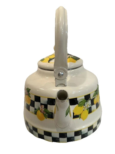 Lemon Checkered Enamel Tea Kettle with Handle and Spout